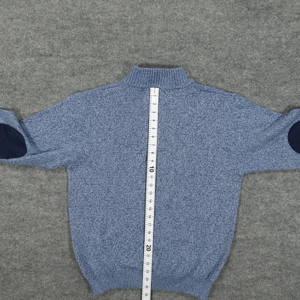 Norm Thompson Sweater Mens Medium Blue 1/4 Zip Mock Neck Elbow Patches Cotton